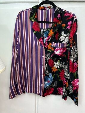 Anthropologie Purple Stripe and Black Floral Mixed-Print Button Down Shirt -PJ